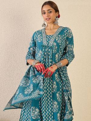 Ethnic Motifs Printed A Line Pleated Pure Cotton Kurta With Trousers & Dupatta 2