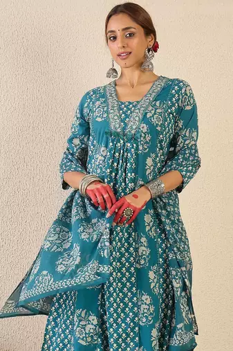 Ethnic Motifs Printed A Line Pleated Pure Cotton Kurta With Trousers & Dupatta