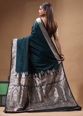 Deep teal katan silk saree with silver zari banarasi border & woven pallu 3
