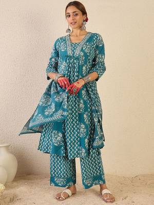 Ethnic Motifs Printed A Line Pleated Pure Cotton Kurta With Trousers & Dupatta 1