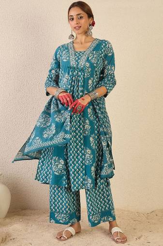 Ethnic Motifs Printed A Line Pleated Pure Cotton Kurta With Trousers & Dupatta