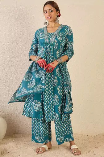 Ethnic Motifs Printed A Line Pleated Pure Cotton Kurta With Trousers & Dupatta