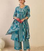 Ethnic Motifs Printed A Line Pleated Pure Cotton Kurta With Trousers & Dupatta