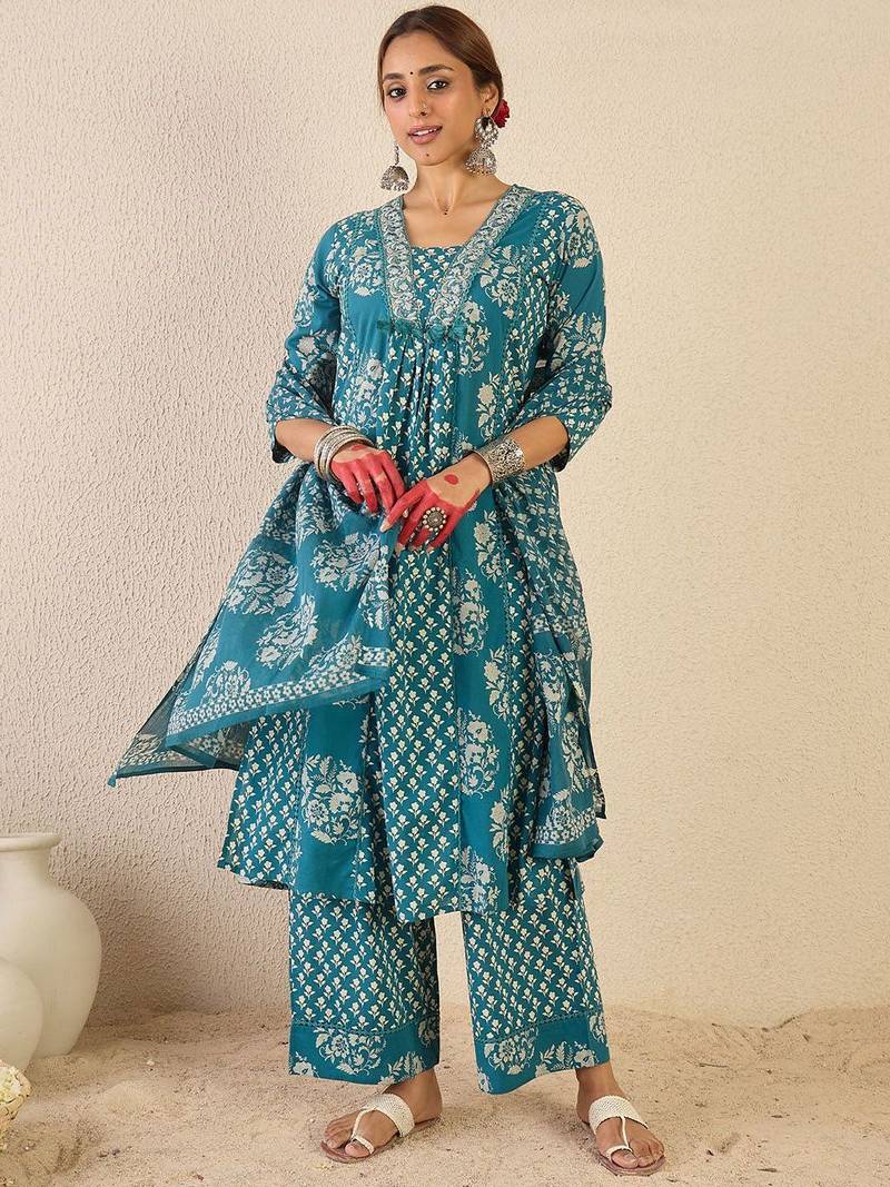 Ethnic Motifs Printed A Line Pleated Pure Cotton Kurta With Trousers & Dupatta