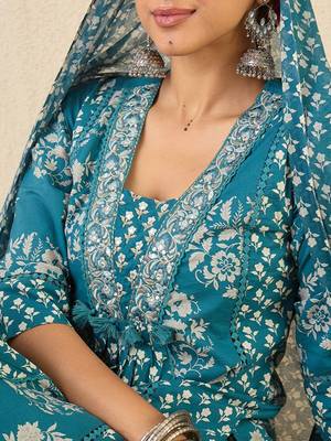 Ethnic Motifs Printed A Line Pleated Pure Cotton Kurta With Trousers & Dupatta 3