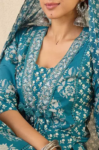 Ethnic Motifs Printed A Line Pleated Pure Cotton Kurta With Trousers & Dupatta