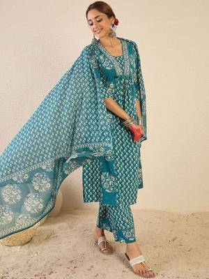 Ethnic Motifs Printed A Line Pleated Pure Cotton Kurta With Trousers & Dupatta 4