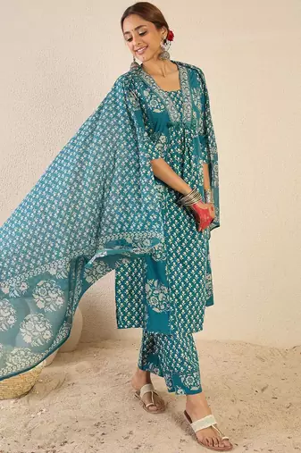 Ethnic Motifs Printed A Line Pleated Pure Cotton Kurta With Trousers & Dupatta