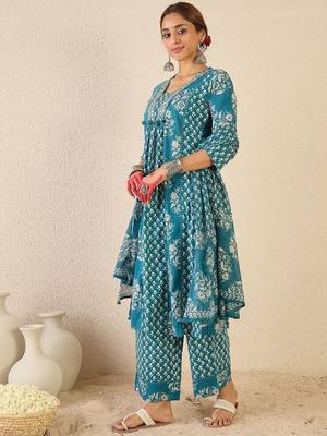 Ethnic Motifs Printed A Line Pleated Pure Cotton Kurta With Trousers & Dupatta 5