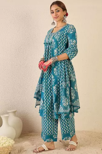 Ethnic Motifs Printed A Line Pleated Pure Cotton Kurta With Trousers & Dupatta