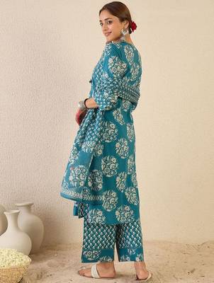 Ethnic Motifs Printed A Line Pleated Pure Cotton Kurta With Trousers & Dupatta 6