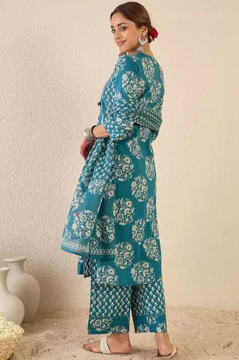 Ethnic Motifs Printed A Line Pleated Pure Cotton Kurta With Trousers & Dupatta