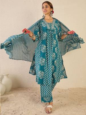 Ethnic Motifs Printed A Line Pleated Pure Cotton Kurta With Trousers & Dupatta 7