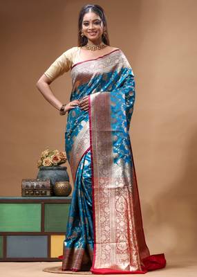 Royal sapphire blue katan silk saree with gold zari floral weaving & banarasi pallu 1