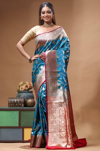Royal sapphire blue katan silk saree with gold zari floral weaving & banarasi pallu