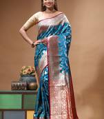 Royal sapphire blue katan silk saree with gold zari floral weaving & banarasi pallu