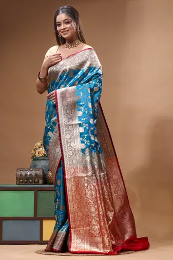 Royal sapphire blue katan silk saree with gold zari floral weaving & banarasi pallu