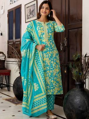 Women Floral Printed Regular Pure Cotton Kurta with Trousers & With Dupatta 6