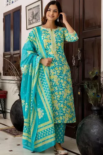 Women Floral Printed Regular Pure Cotton Kurta with Trousers & With Dupatta