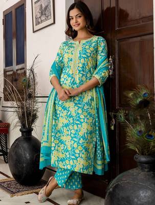 Women Floral Printed Regular Pure Cotton Kurta with Trousers & With Dupatta 7