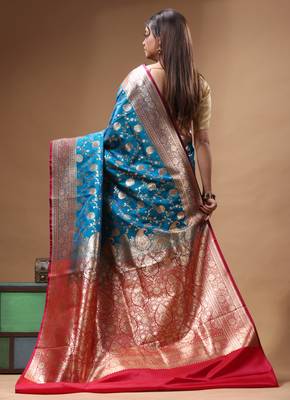 Royal sapphire blue katan silk saree with gold zari floral weaving & banarasi pallu 3