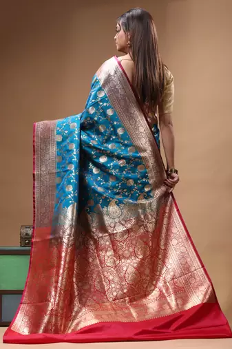 Royal sapphire blue katan silk saree with gold zari floral weaving & banarasi pallu