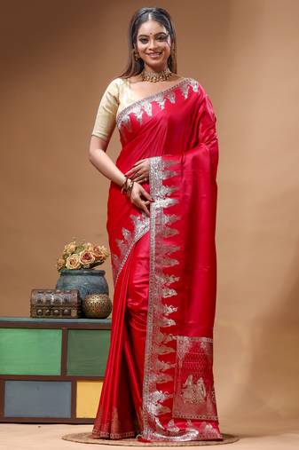 premium ruby red silk blend saree with designer silver zari crystal work & woven pallu
