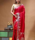 premium ruby red silk blend saree with designer silver zari crystal work & woven pallu