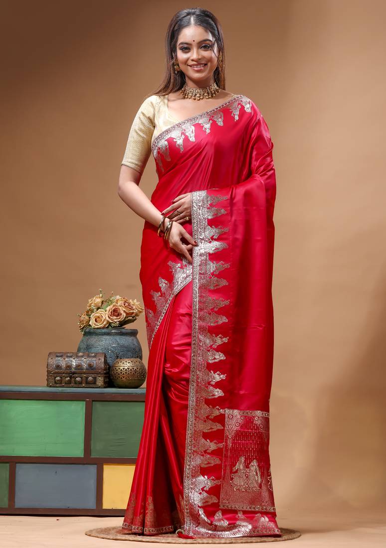 premium ruby red silk blend saree with designer silver zari crystal work & woven pallu