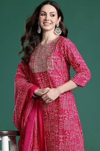Ethnic Motifs Printed Sequinned Pure Cotton Kurta with Trousers & With Dupatta