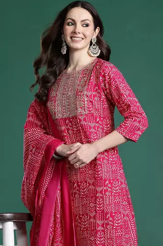 Ethnic Motifs Printed Sequinned Pure Cotton Kurta with Trousers & With Dupatta