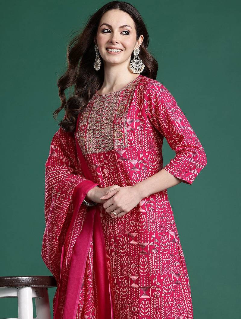 Ethnic Motifs Printed Sequinned Pure Cotton Kurta with Trousers & With Dupatta
