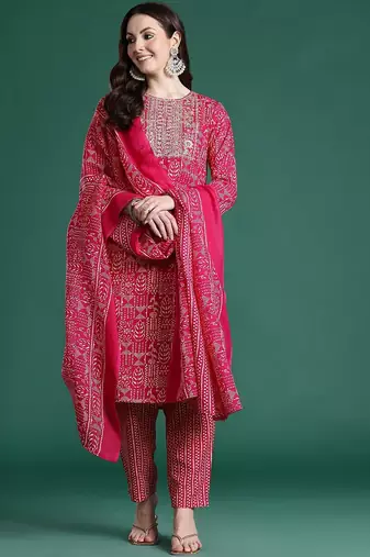 Ethnic Motifs Printed Sequinned Pure Cotton Kurta with Trousers & With Dupatta