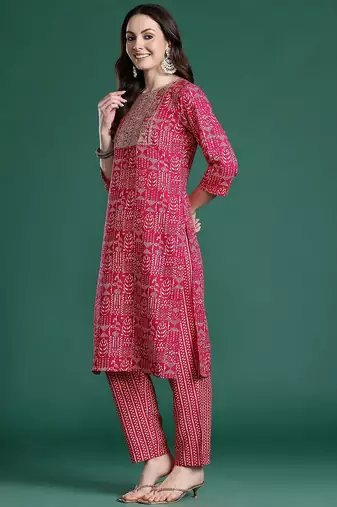 Ethnic Motifs Printed Sequinned Pure Cotton Kurta with Trousers & With Dupatta
