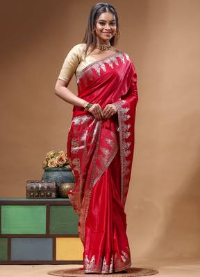 premium ruby red silk blend saree with designer silver zari crystal work & woven pallu 2
