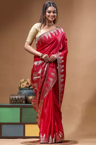 premium ruby red silk blend saree with designer silver zari crystal work & woven pallu