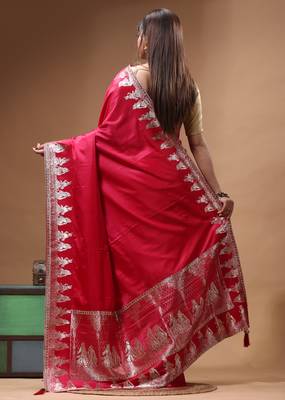 premium ruby red silk blend saree with designer silver zari crystal work & woven pallu 3