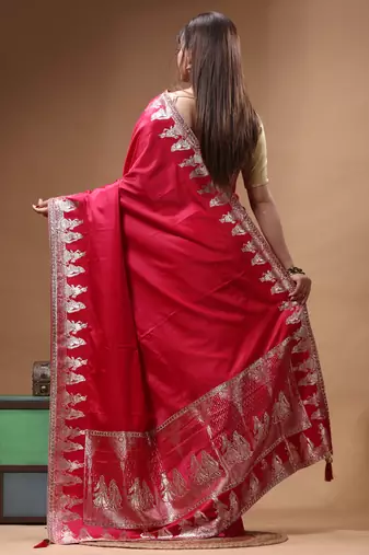 premium ruby red silk blend saree with designer silver zari crystal work & woven pallu