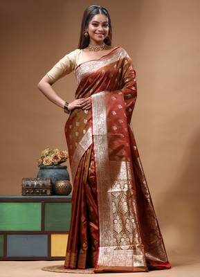 Royal maroon dual toned katan silk saree with antique gold zari weaving & grand banarasi border 1