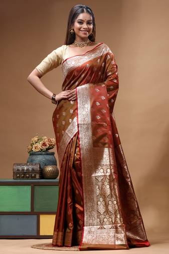 Royal maroon dual toned katan silk saree with antique gold zari weaving & grand banarasi border