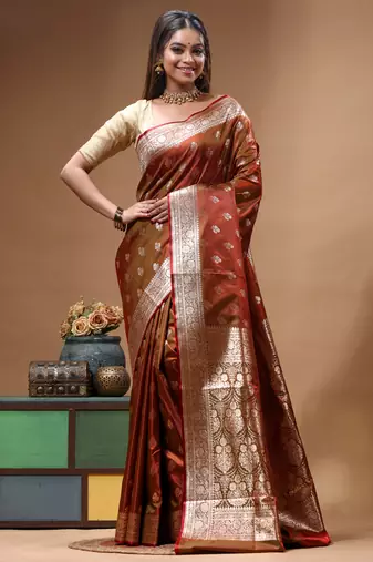 Royal maroon dual toned katan silk saree with antique gold zari weaving & grand banarasi border