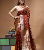 Royal maroon dual toned katan silk saree with antique gold zari weaving & grand banarasi border