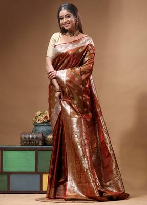 Royal maroon dual toned katan silk saree with antique gold zari weaving & grand banarasi border 2