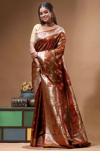 Royal maroon dual toned katan silk saree with antique gold zari weaving & grand banarasi border