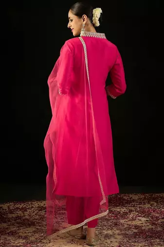 V Neck Ethnic Motifs Embroidered Sequinned Kurta with Trouser & Dupatta