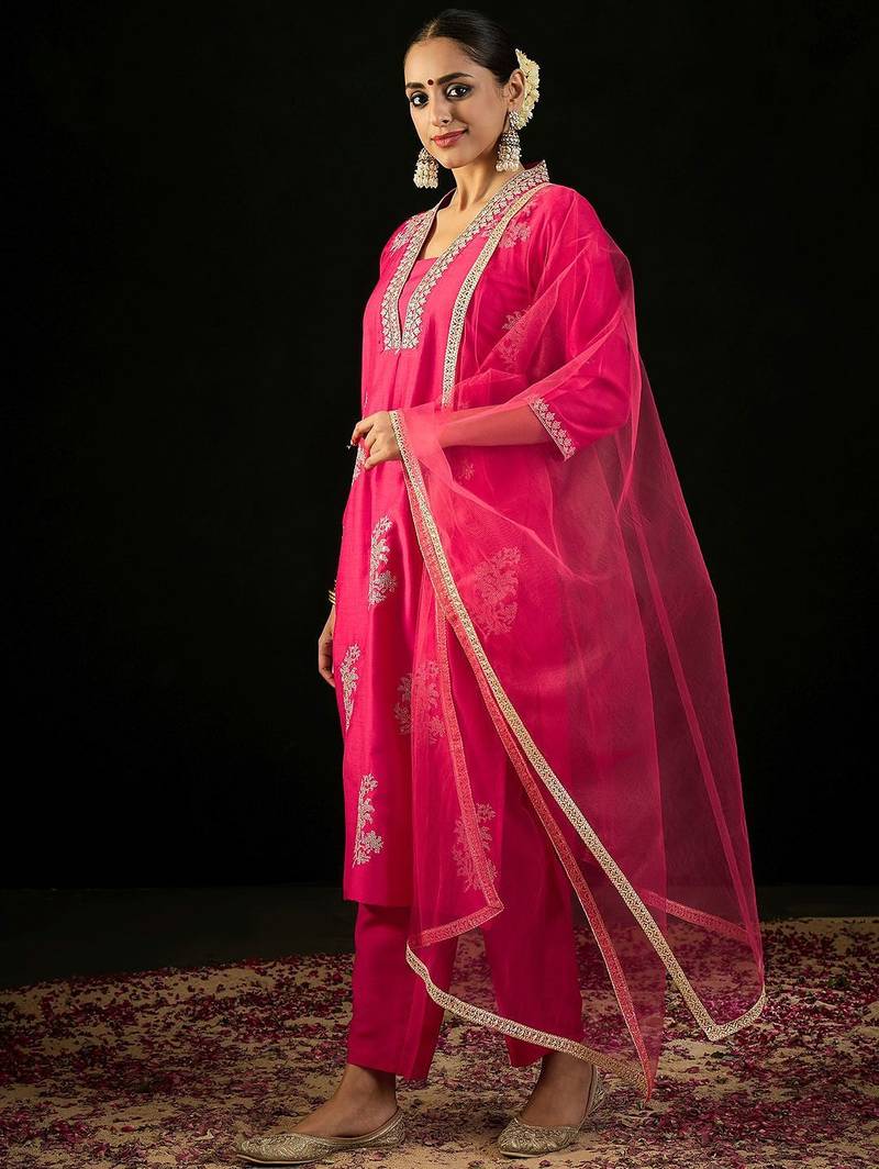 V Neck Ethnic Motifs Embroidered Sequinned Kurta with Trouser & Dupatta