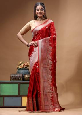 red crepe saree with desighner varanasi ghat theme zari border 1