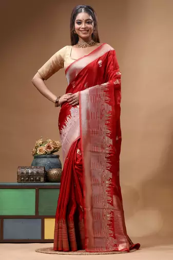 red crepe saree with desighner varanasi ghat theme zari border