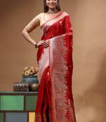 red crepe saree with desighner varanasi ghat theme zari border