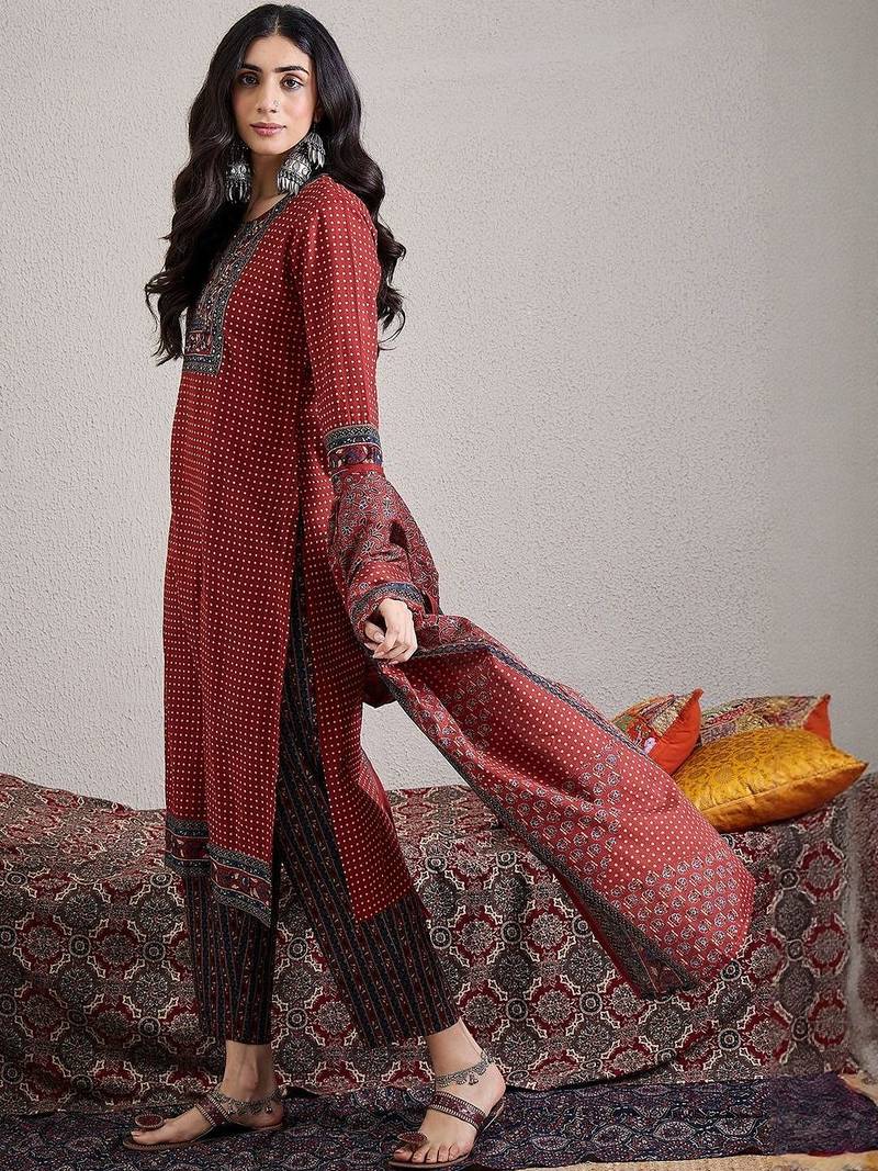 Ethnic Motifs Printed Pure Cotton Kurta with Trouser & With Dupatta